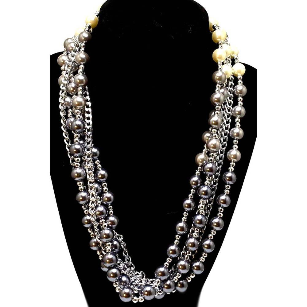 Silver Tone Silver Gray White Faux Pearl Beaded Multistrand 21-23” Necklace